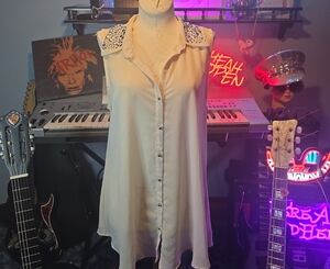 h.i.p. Cream Sleeveless Blouse with Studded Shoulders